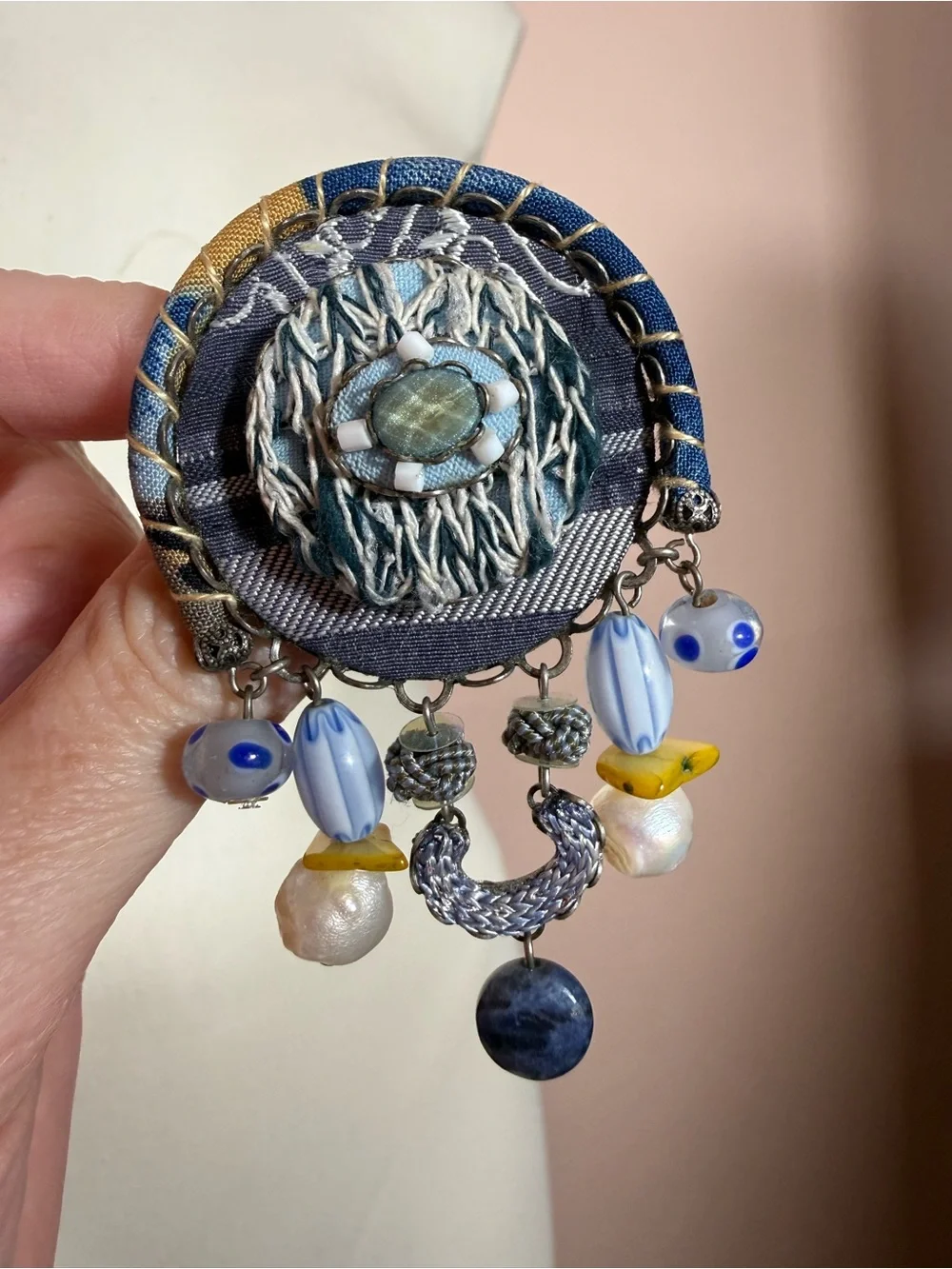 Ayala Bar artisan mixed media blue oversized brooch pendent